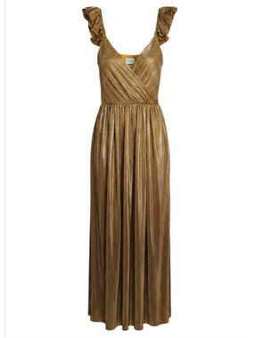 Saylor Imara Maxi Dress Liquid Gold Metallic Pleated Ruffle Straps Large EUC